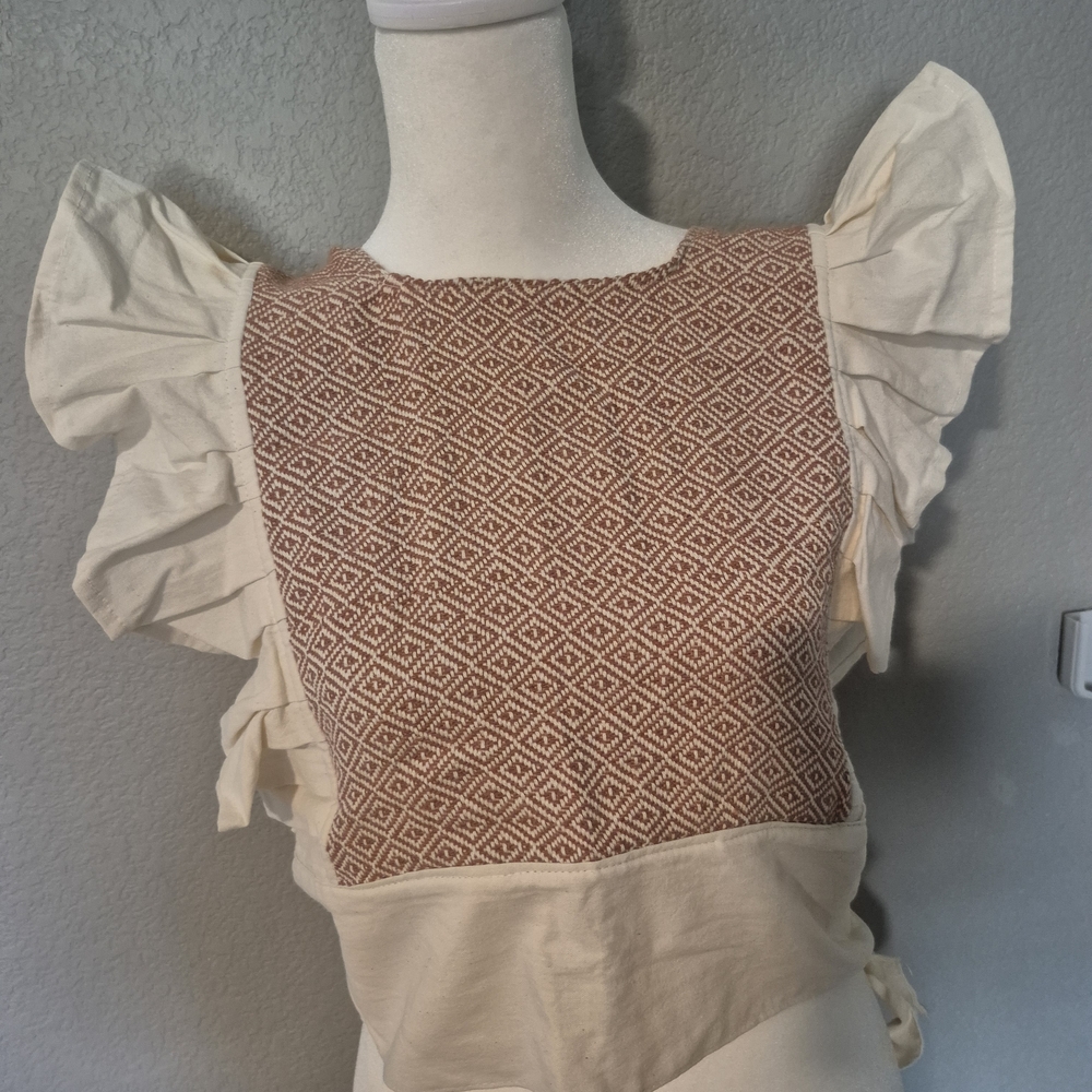 Cream and Brown Ruffle Sleeve Top